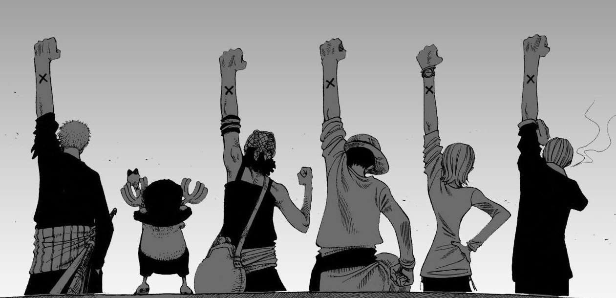 The Straw Hat crew raising their crossed-mark arms in salute.
